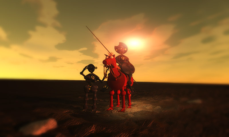 Don Quichotte et Sancho cherchent des moulins dans le soleil couchant Don Quichotte et Sancho dans le soleil couchant